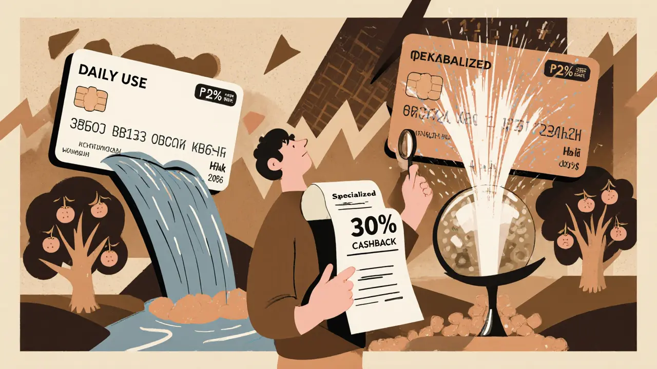 Две карты: одна даёт стабильный 2% кэшбэк, другая — взрывной 30% на аптеку, человек сравнивает их с помощью лупы.