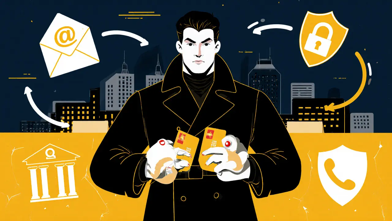 Герой защищает две карты от мошеннических угроз в стиле плаката.