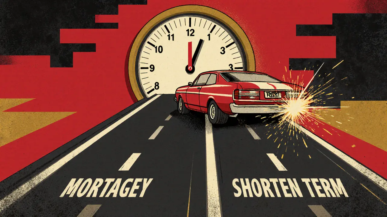 Автомобиль на двух путях ипотеки: медленный и быстрый, с часами и топливными баками, плакатный стиль.