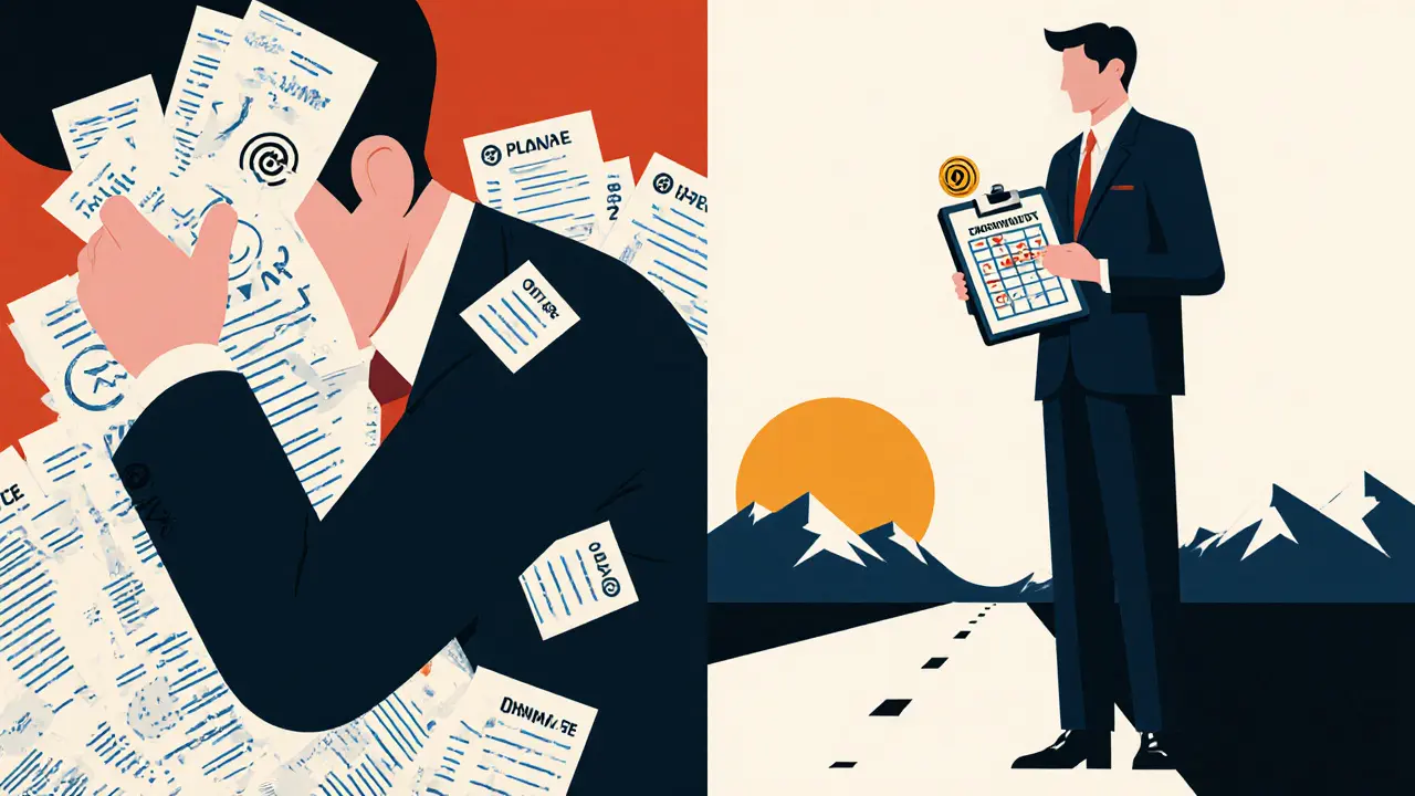 Два аспекта одного человека: один погружен в долги, другой — с чистым бюджетом и путем к горам на рассвете.