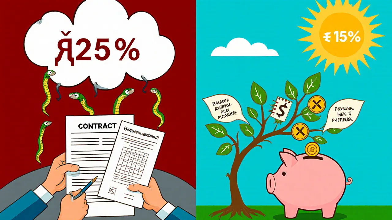 Два состояния заемщика: один в стрессе от скрытых платежей, другой в уверенности с четким графиком выплат и растущей кредитной историей.