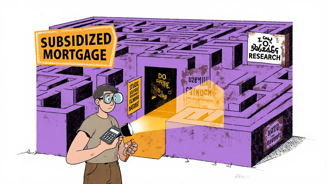 Лабиринт ипотеки с ловушками, человек ищет выход с фонариком и калькулятором.