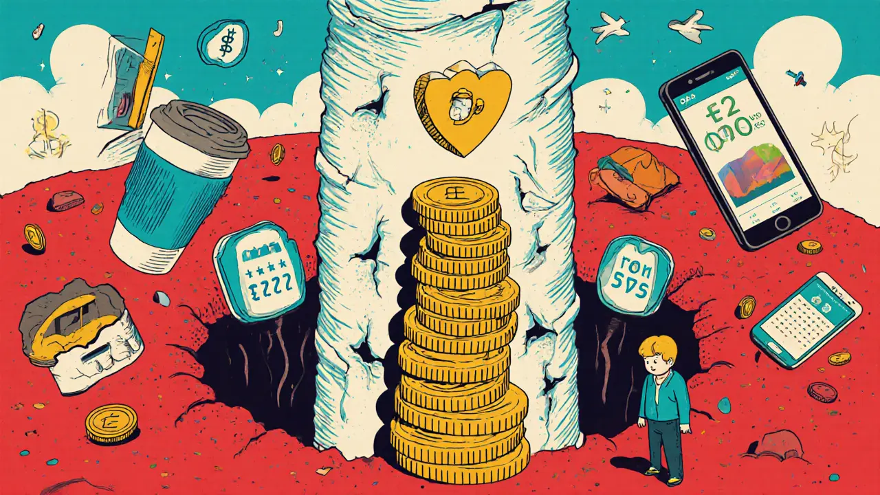 Разрушающиеся траты падают в пропасть, а маленькие монеты формируют башню сбережений.