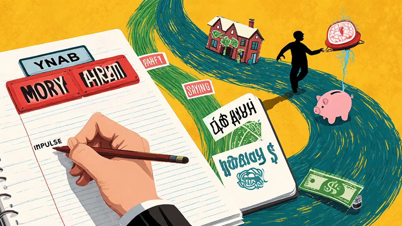 Рука распределяет рубли по каналам: ипотека, еда, путешествия, сбережения — тень пытается отвлечь поток в пустую трату.