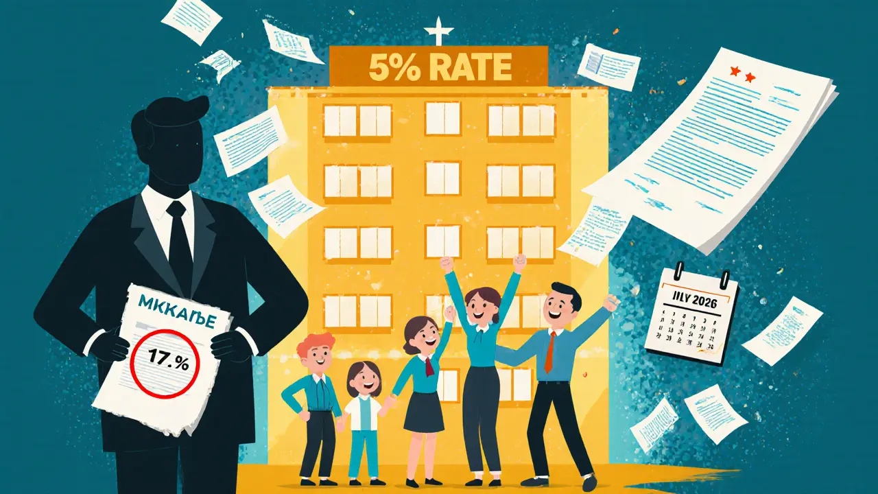 Семья у дома с 5% ставкой, за ними тень банка и документы, яркий плакатный стиль.