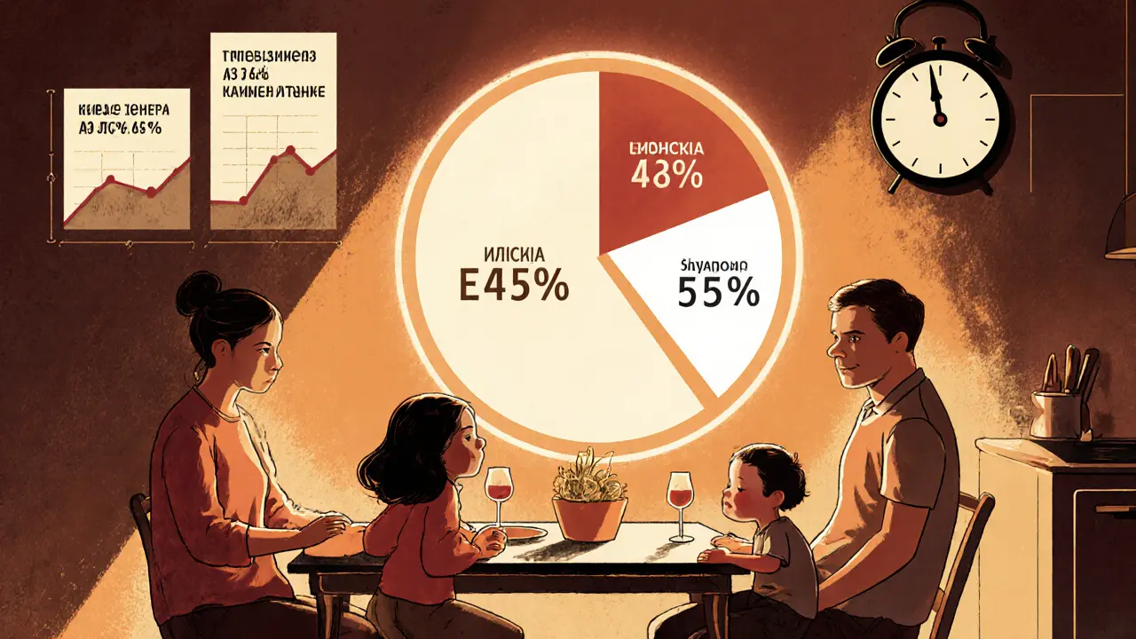 Семья за столом, диаграмма доходов, кредиты занимают 55%, 2025 год в фоне.