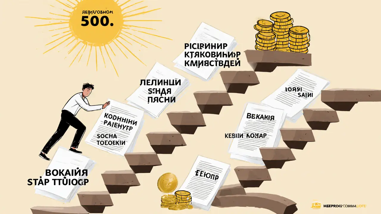 Шестиступенчатая лестница из документов, ведущая к экономии 500 тысяч рублей.