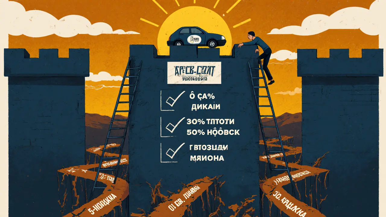 Человек лезет по чек-листу как по стене, избегая опасных путей к кредитным ловушкам.