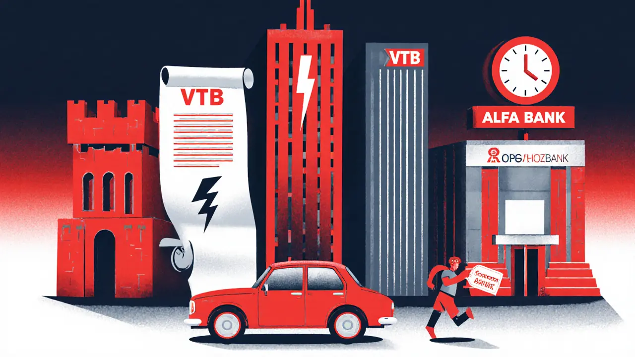 Пять стилизованных банковских зданий, как шахматные фигуры, передают автомобиль с кредитной меткой.