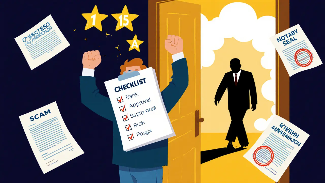 Покупатель уходит от квартиры с проверенным чек-листом, а мошенник исчезает в дыму.