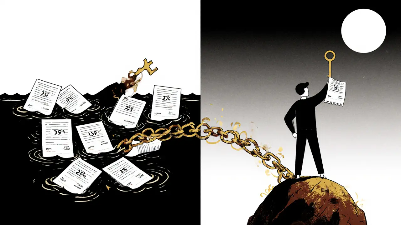 Разделенная сцена: человек тонет в платежах слева и стоит на твердой земле справа с меньшим платежом.