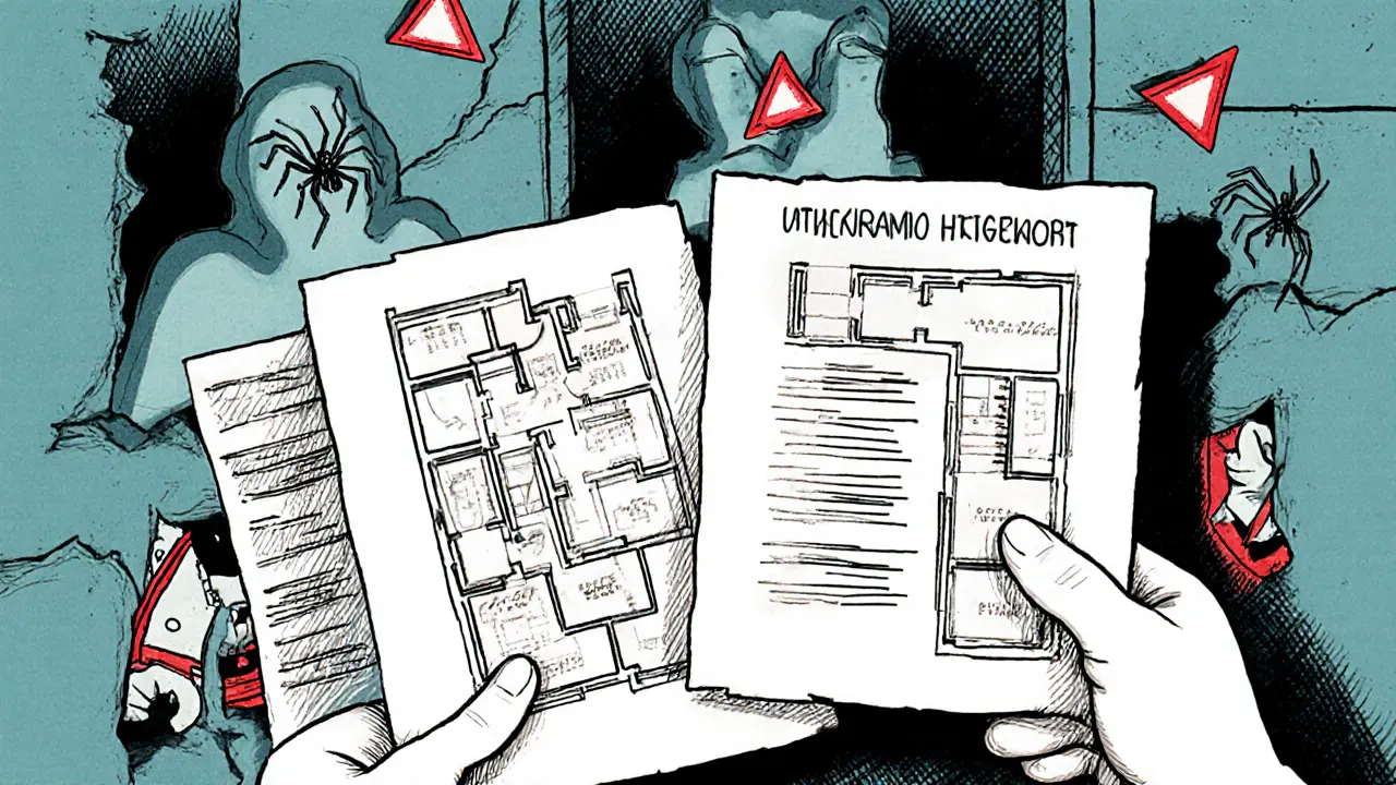 Рука сравнивает планы квартиры, а стены полны скрытых долгов и незаконных перепланировок.