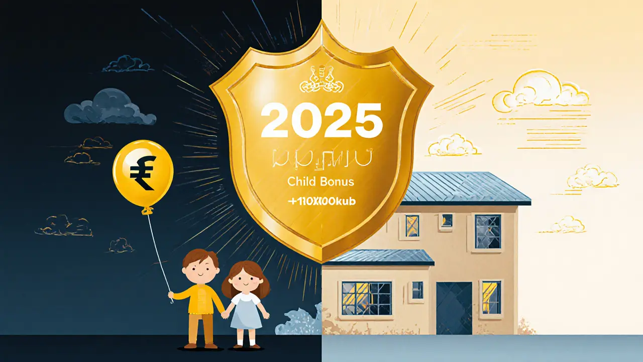 Семья с детьми у нового дома, над ними — щит с надписью &#039;Бонус за ребёнка 1 млн руб&#039;.