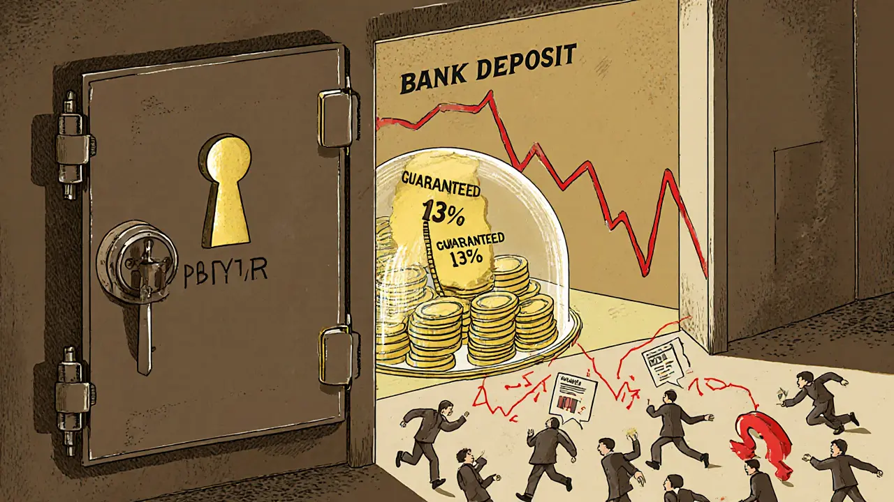 Закрывающийся сейф с гарантированными процентами внутри, снаружи — хаос падающих ставок.