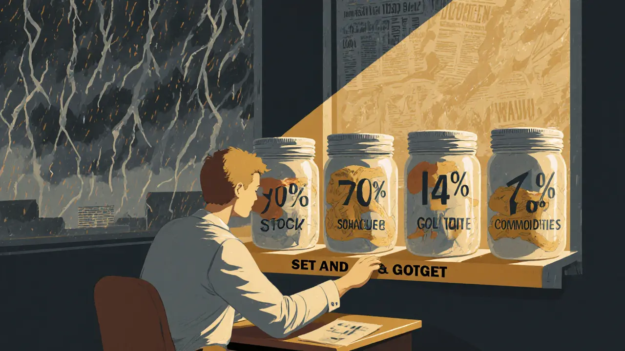 Новичок распределяет деньги по пяти банкам с метками, за окном — буря, внутри — спокойствие, стиль польского плаката.