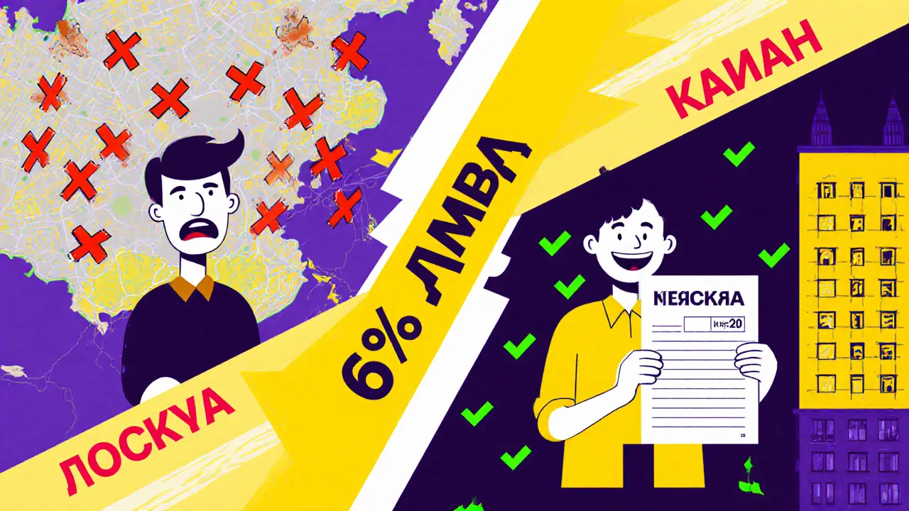 Сравнение: человек в Москве с красными запретами и тот же человек в регионе с зелеными отметками и домом.