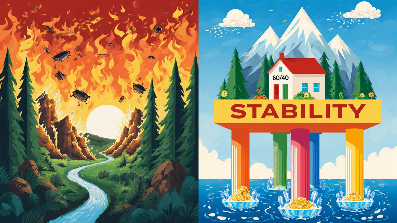 Сравнение разрушающегося портфеля 60/40 и устойчивого всепогодного портфеля, изображенного как четыре стабильные колонны в стиле польского плаката.