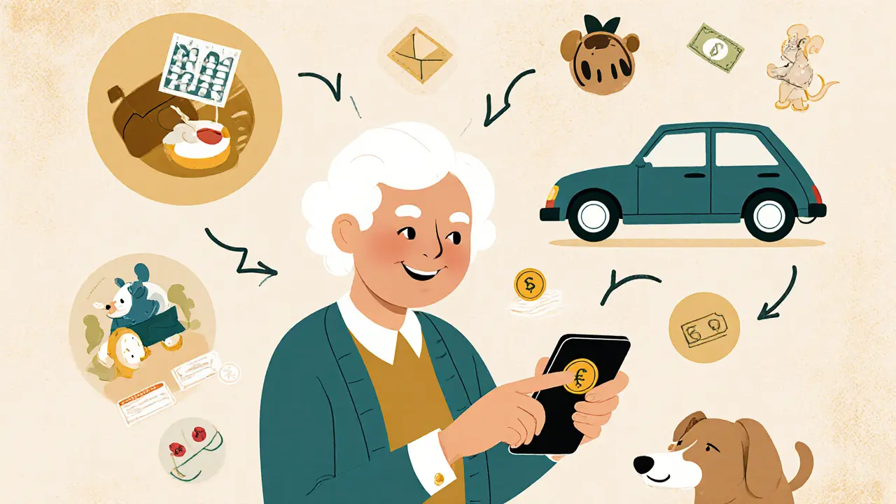 Бабушка использует CoinKeeper, рядом с ней крупные иконки расходов и конверты с деньгами.