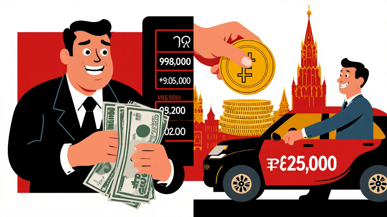 Разделённая сцена: слева — платёж банку, справа — гигантская субсидия от государства входит в машину.