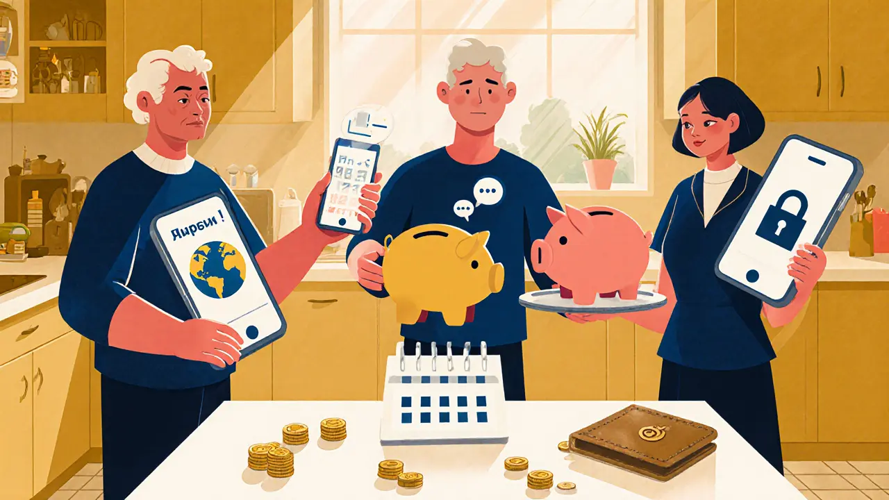 Семья в кухне с разными приложениями бюджета, символизирующие выбор и доверие между поколениями.