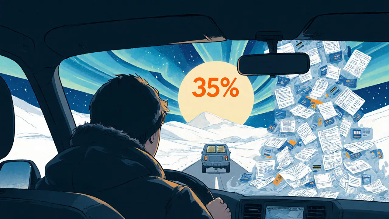 Водитель на Ладе в снежной тайге под северным сиянием, где документы превращаются в реку.