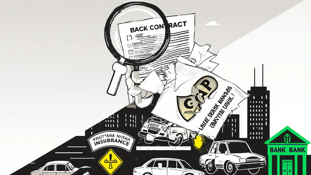 Водитель разбирает кредитный договор с лупой, обнаруживая скрытые условия страхования.