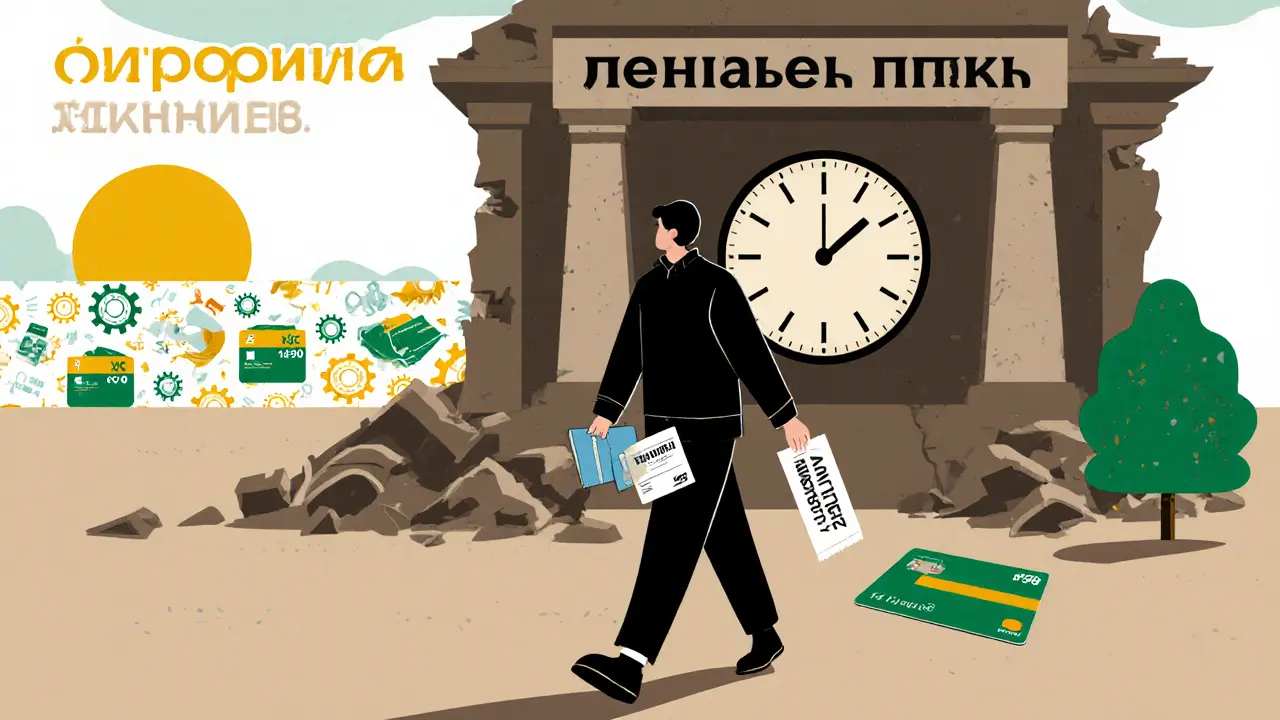 Человек уходит от разрушающегося банка с возвращёнными деньгами, за спиной — часы будущего динамического ценообразования.