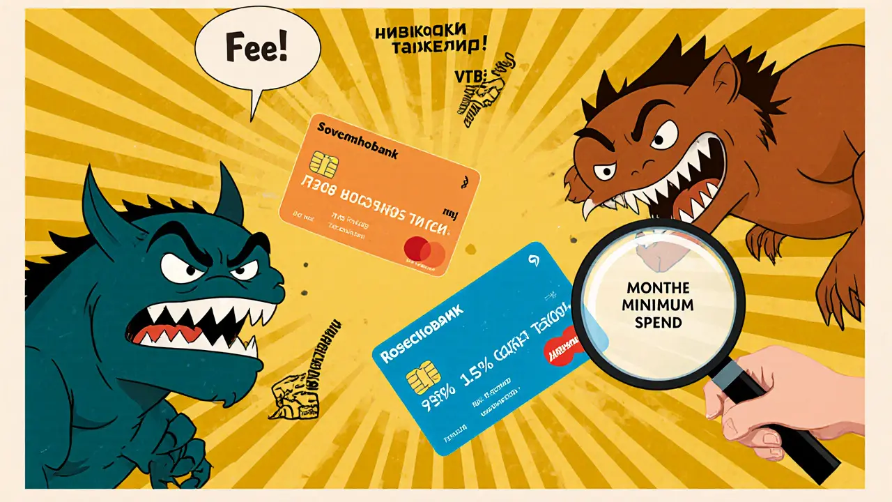 Три карты с разными выгодами сражаются с монстрами скрытых комиссий в стиле польского плаката.