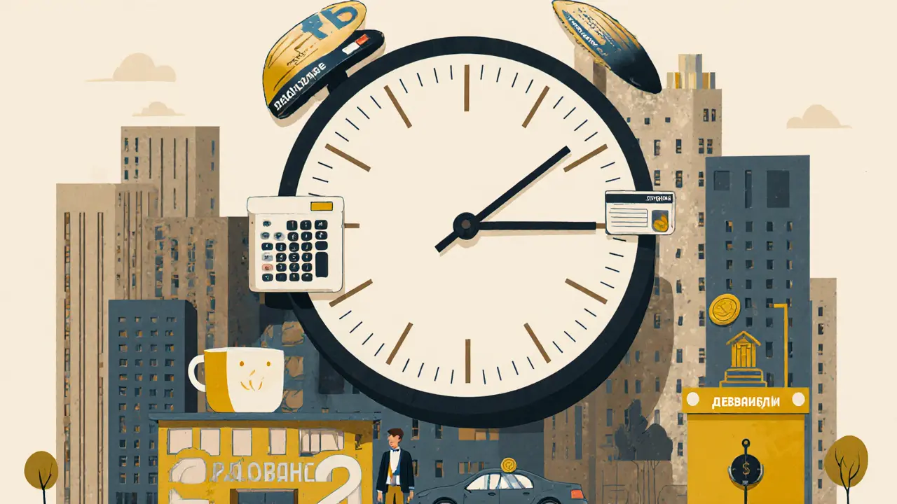 Часы из калькуляторов над городом из расходных категорий, человек кладёт монету в копилку сбережений.