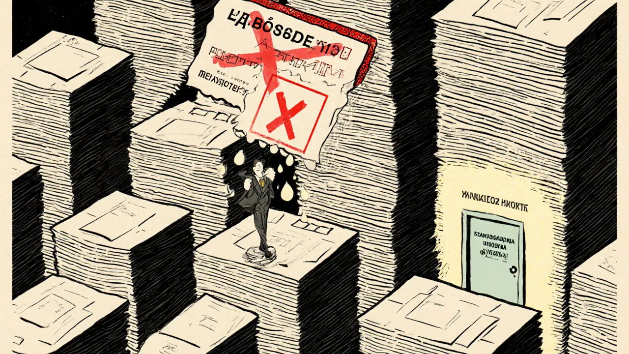 Человек в лабиринте из документов, над головой красная печать &#039;ОТКАЗ&#039;.