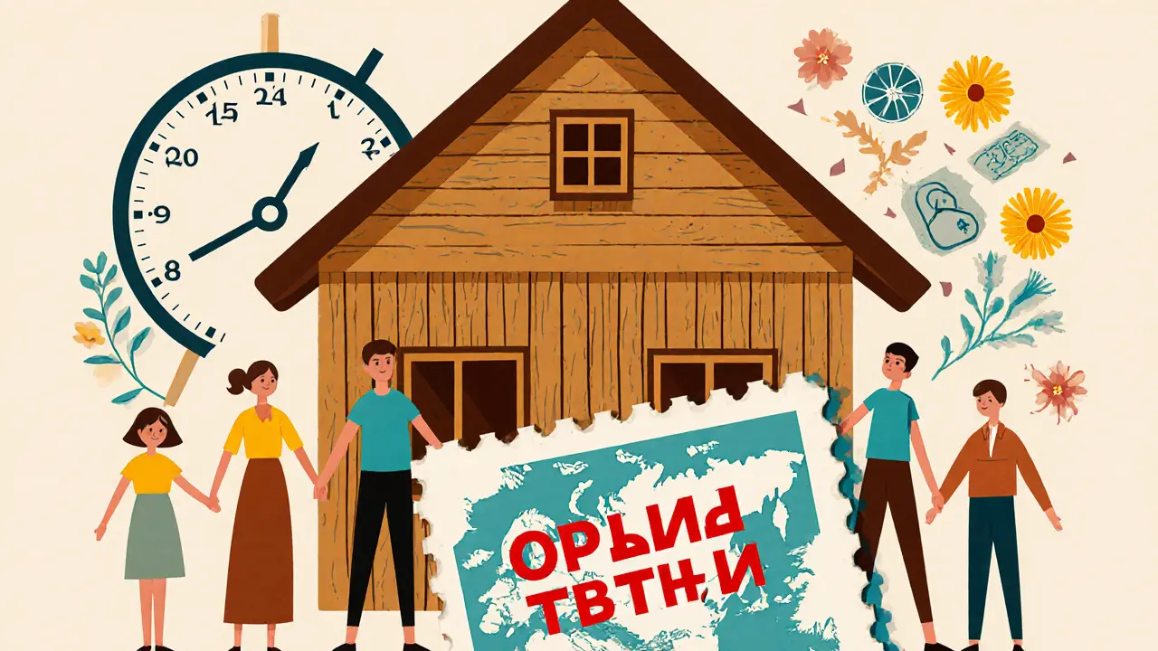 Дом в форме семьи, дети держат его части, надпись &#039;Доли детей&#039; и часы.