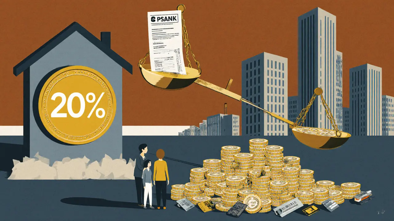 Семья с монетой 20% в фундаменте дома, а над ними весы с долгами и доходом.