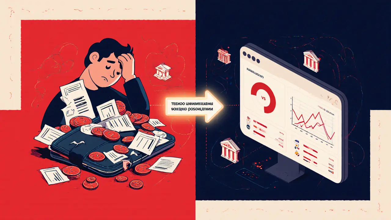 Сравнение хаотичных наличных денег и чистого цифрового бюджета, соединённых светящейся стрелкой.