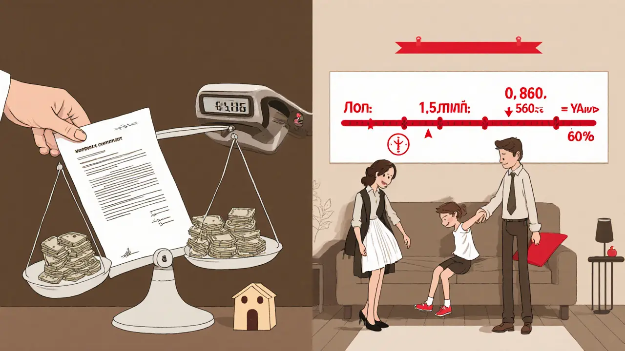 Супруги в комнате с детьми, на стене — график снижения ипотечного долга.