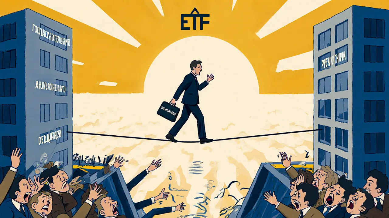 Мужчина идёт по канату между двумя профилями риска, спокойно держа декларацию.