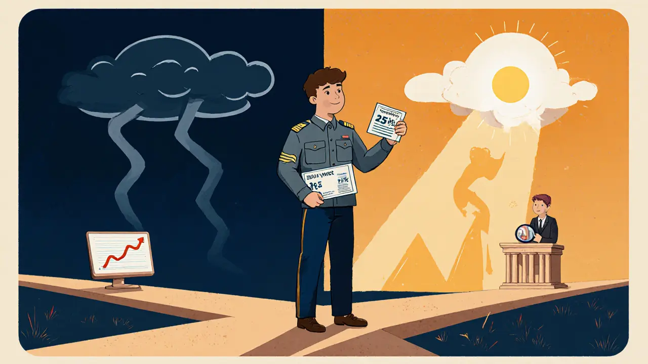 Мужчина на перекрестке: один путь — высокая ставка с тучами, другой — низкая ставка с солнцем и графиком роста.