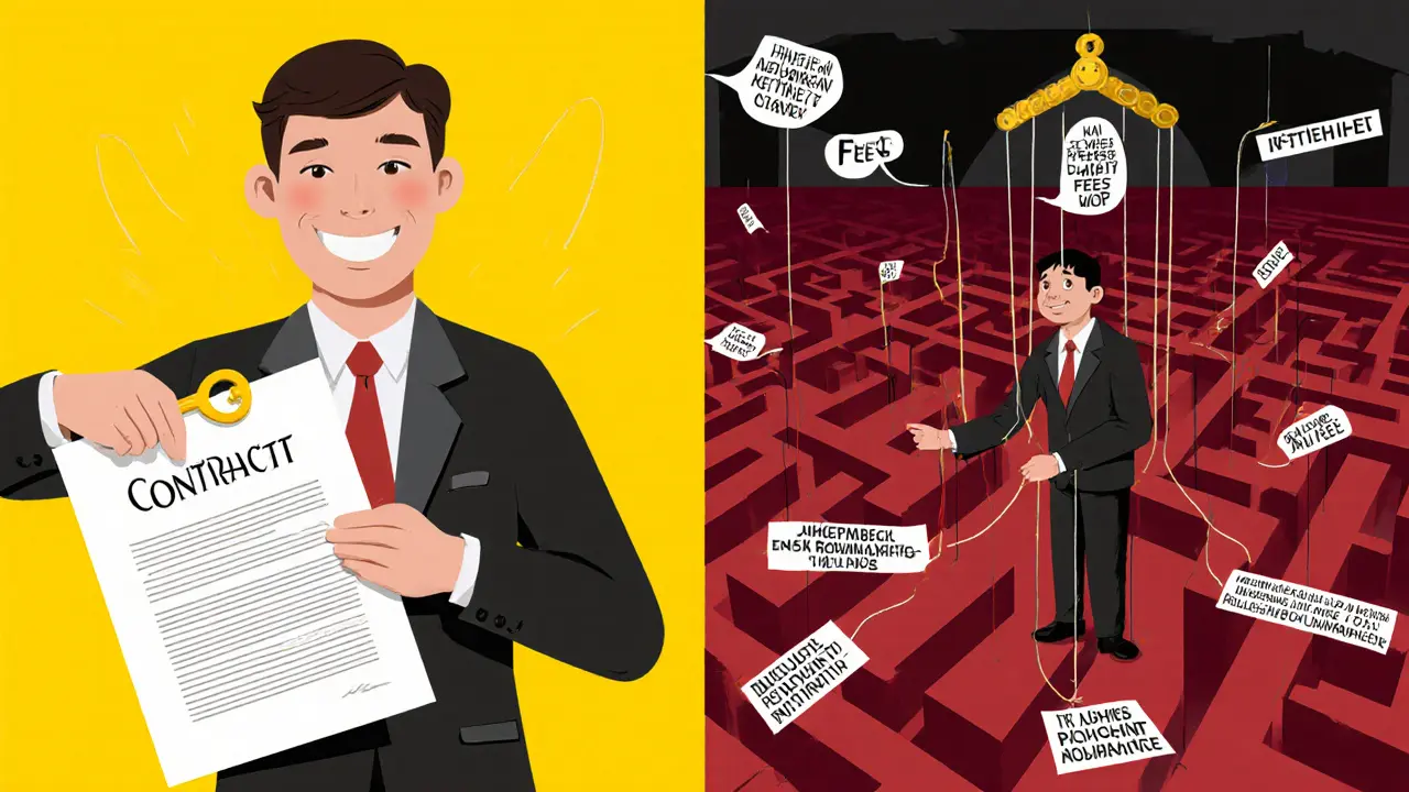 Разделённая сцена: банк предлагает 15%, но на самом деле клиент запутан в цепях скрытых платежей и страховок.