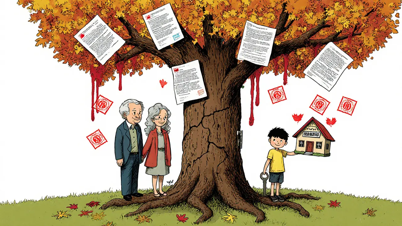 Семейное дерево из банковских документов, где старшие поколения несут долг на плечах молодых.