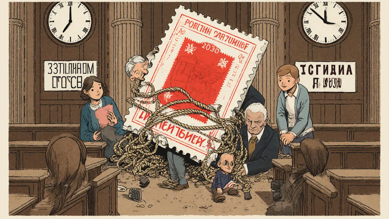 Судебная сцена, где банк подавляет всех созаемщиков под гигантской печатью долга.