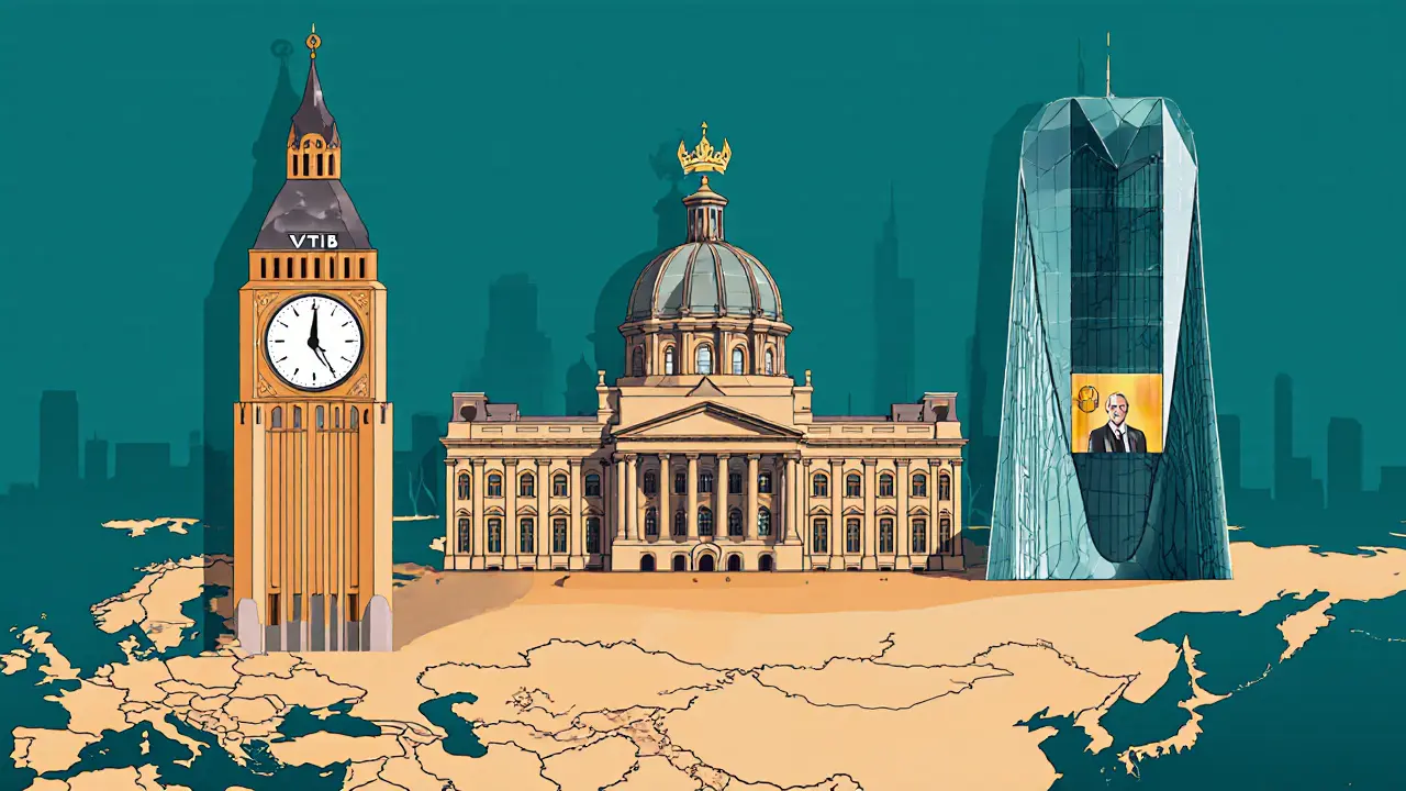 Три банка представлены как башни: Совкомбанк, ВТБ и ДОМ.РФ, каждая со своими символами и подсвеченными городами России.