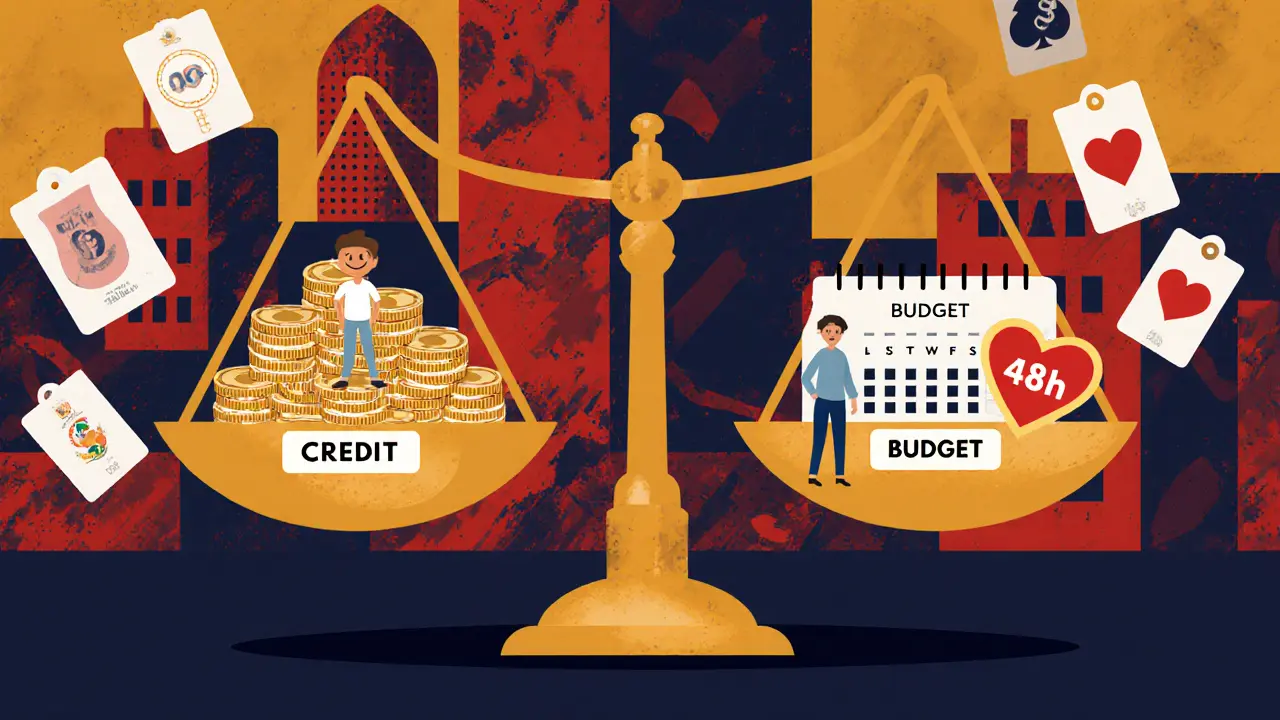 Весы балансируют кредит и бюджет с защитным периодом и календарем платежей.