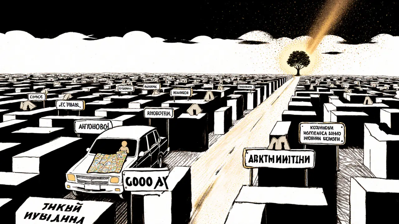 Автомобиль в лабиринте рисков, ведущий к горизонту с надписью &#039;Свобода выбора&#039;, плакатный стиль.