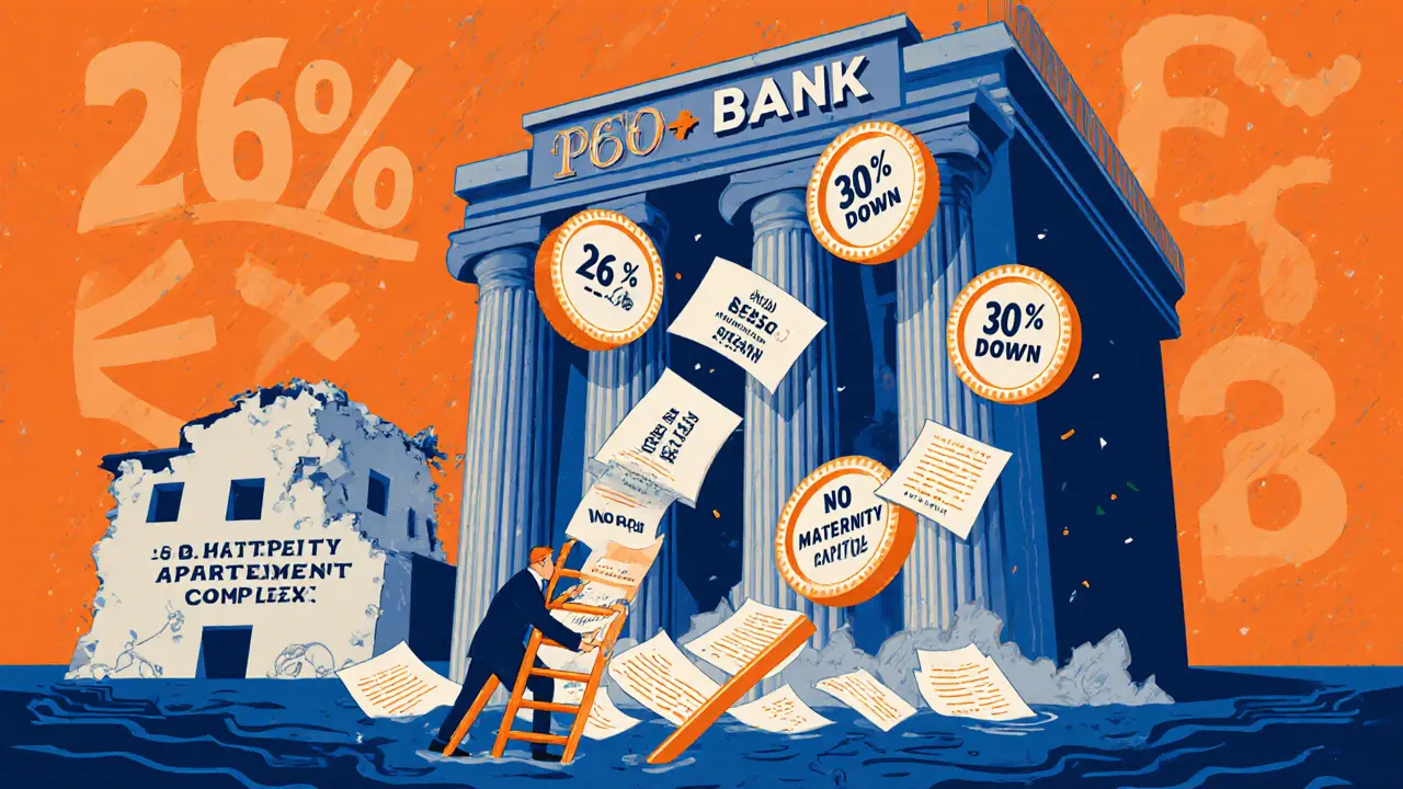 Человек пытается взобраться по кредитным требованиям к банку, который выливает деньги на него