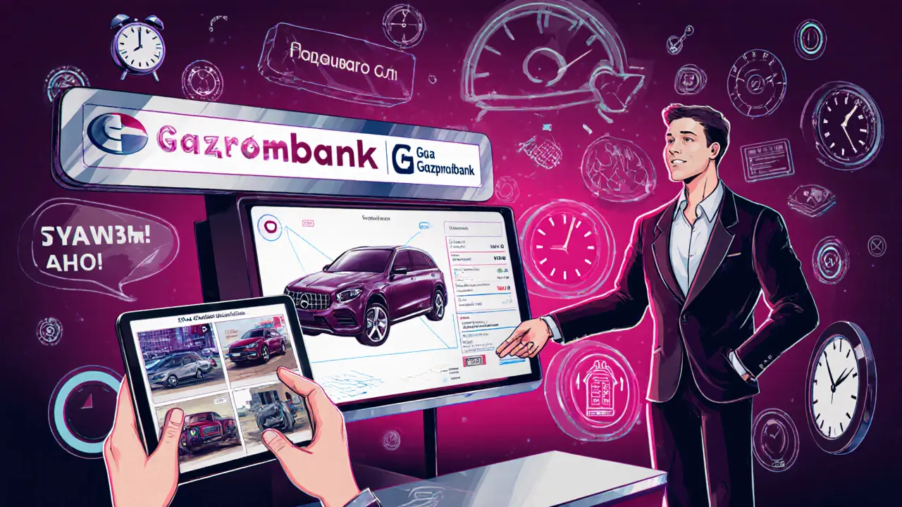 Цифровой терминал для trade-in с голографическими проверками и банками, символизирующий будущее покупки авто.