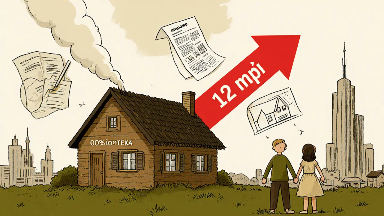Деревенский дом с дымом из трубы, над ним — цифра 12 млн ₽, стрелка ведет из города, стиль — сельская ипотека с элементами сюрреализма и природных тонов.