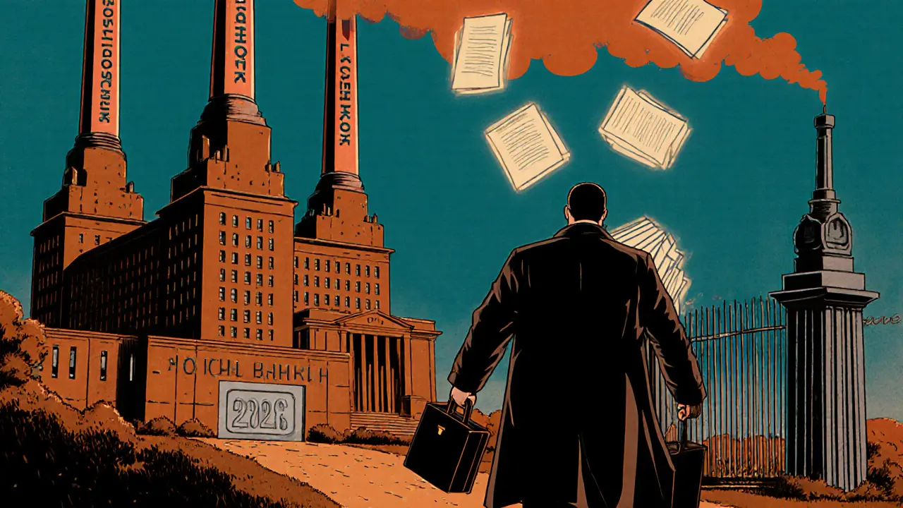 Герой уходит от банка с документами к воротам Госуслуг 2026, за ним — тени коллекторов и ошибок.