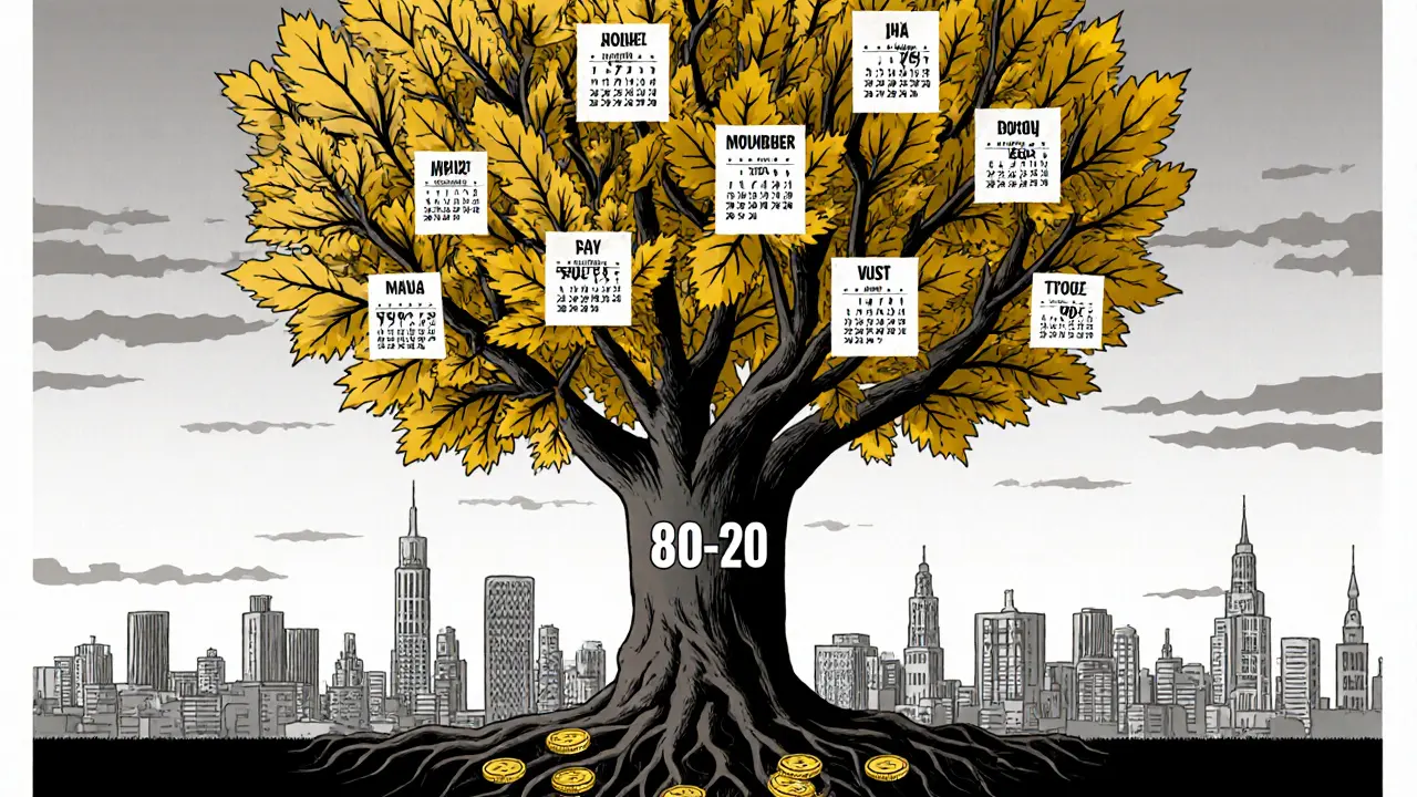 Год превращается в дерево с монетами-листьями, корни — правило 80/20, город на фоне.