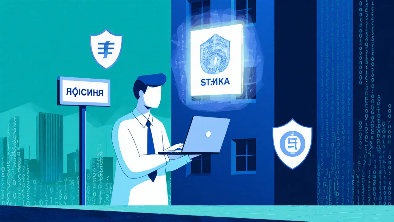 IT-специалист с ноутбуком стоит у новостройки, вокруг — цифровые символы и значок Минцифры, фон — город в стиле геометрической иллюстрации.