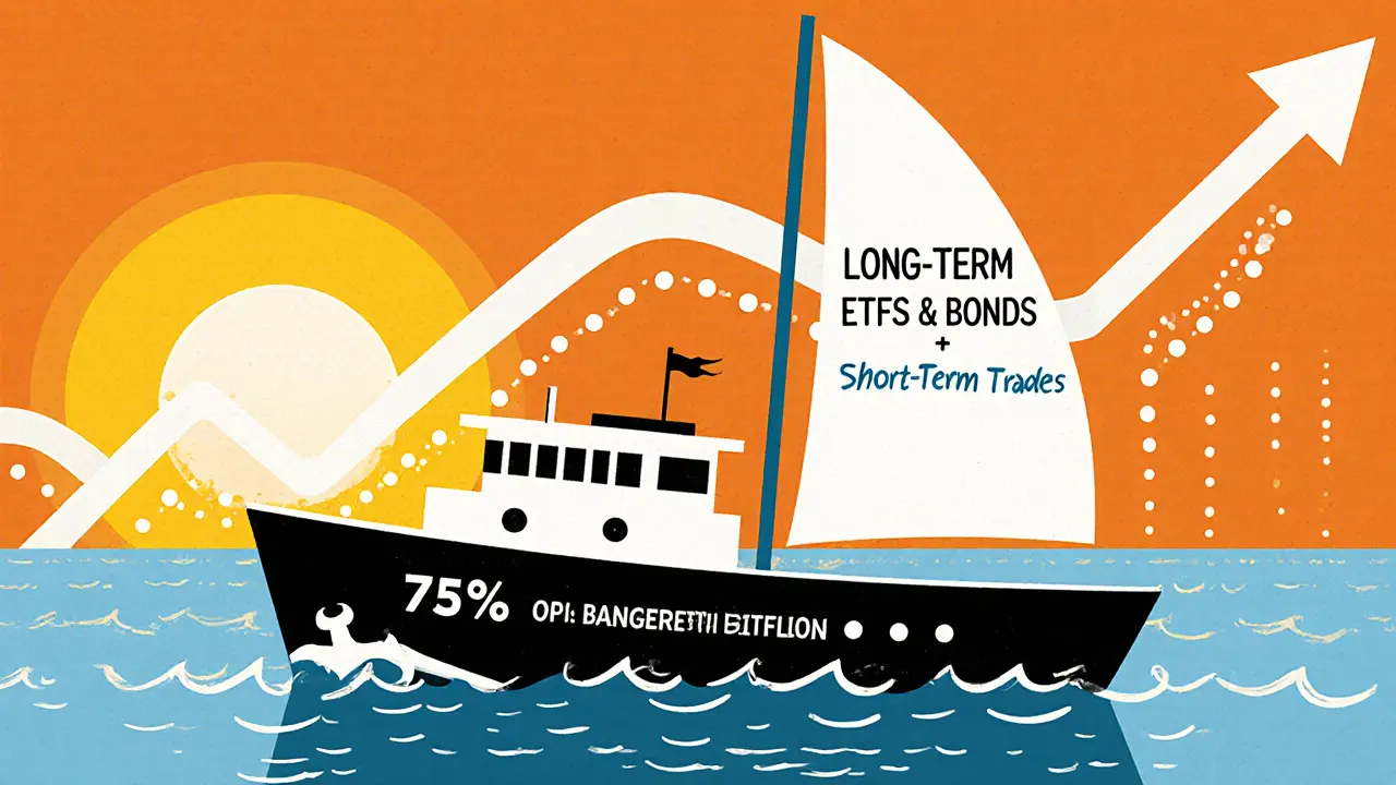 Корабль с якорем из долгосрочных активов и парусом из краткосрочных операций плывёт по спокойному морю, солнце восходит за горизонтом.