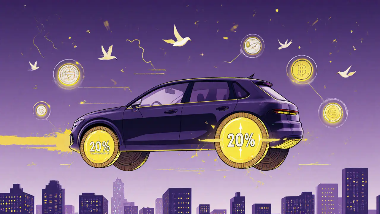 Машина на монетах с символом первоначального взноса, вокруг — значки trade-in и капитала.